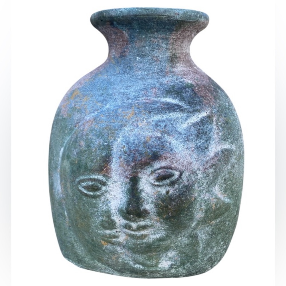 Vintage SUN AND MOON FACE VASE 3D Terracotta Pottery Handmade